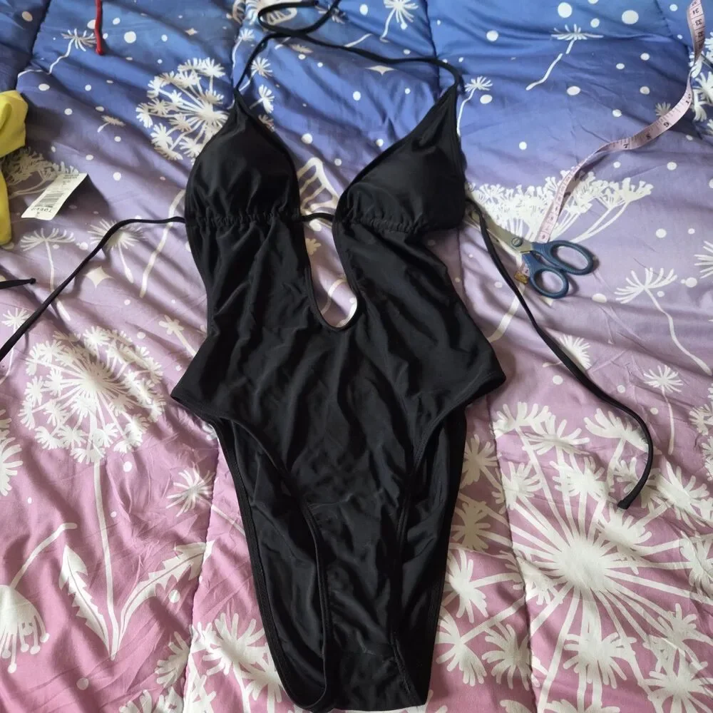 Y2K Black Monokini One Piece Swimsuit Cutout Halter High Cut Tie Back L